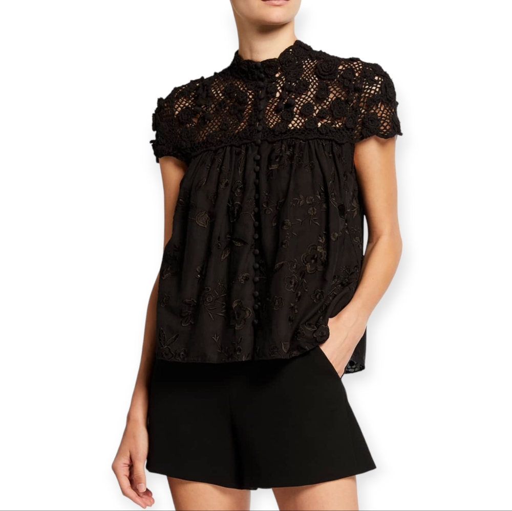 ALICE + OLIVIA Ilaria Crochet Yoke Button-Down Top size S
